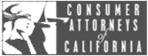 Grayscale logo with a stylized figure's raised arm and "Consumer Attorneys of California" text.