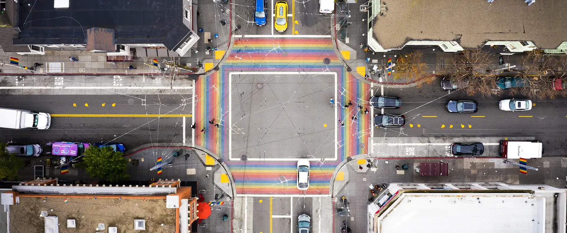 Aerial view of a city street intersection with rainbow crosswalks representing intersection accident claims